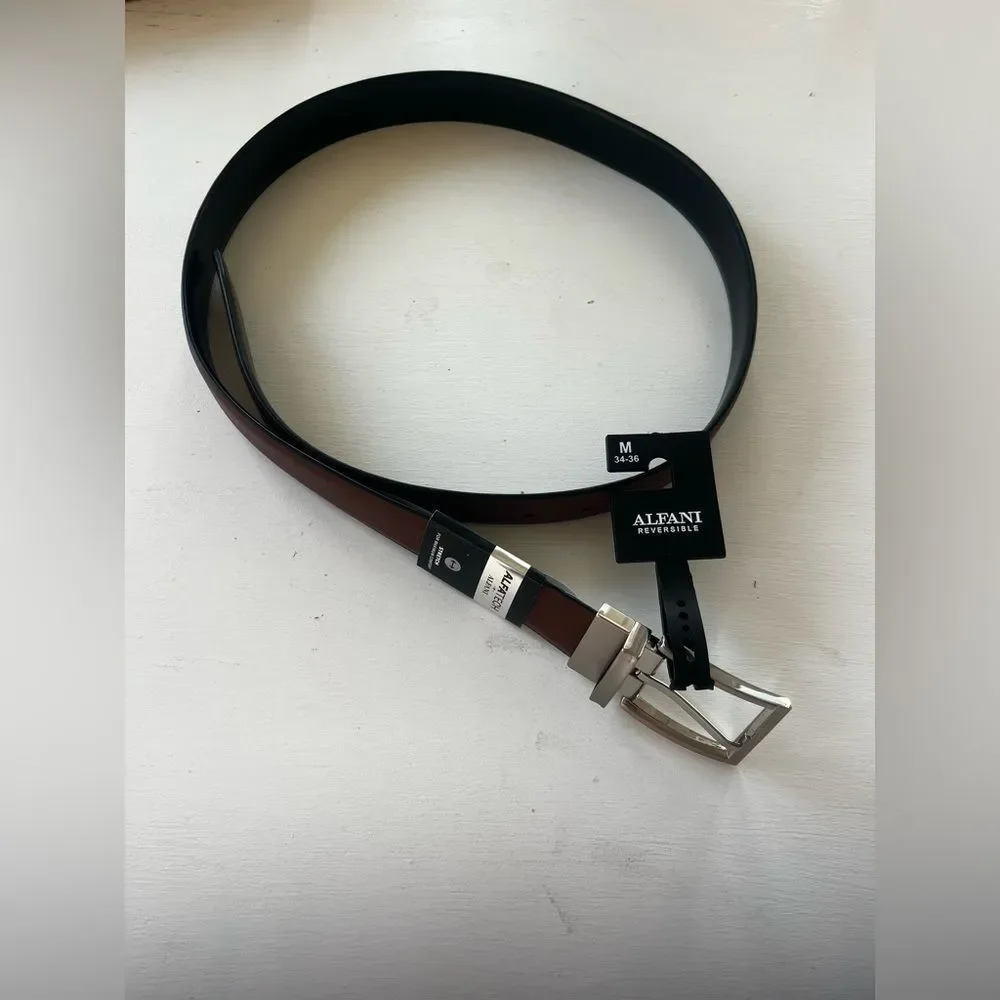 Alfani reversible Brown/Black Leather Belt with Silver Buckle